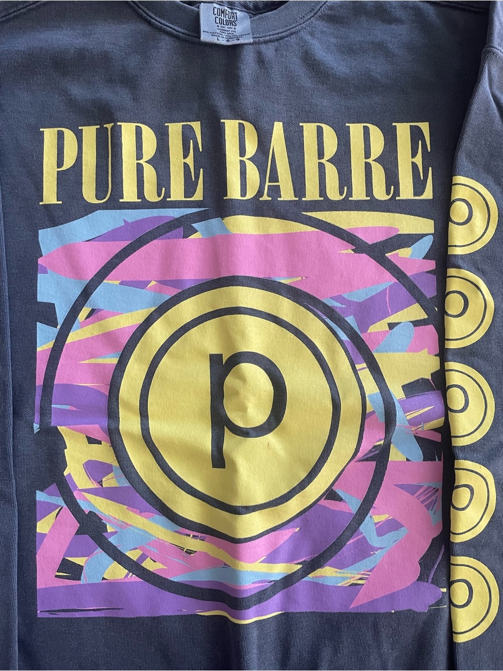 Pure Barre Gray Sweatshirt with Yellow, Pink & Blue Logo NWOT - Picture 2 of 2